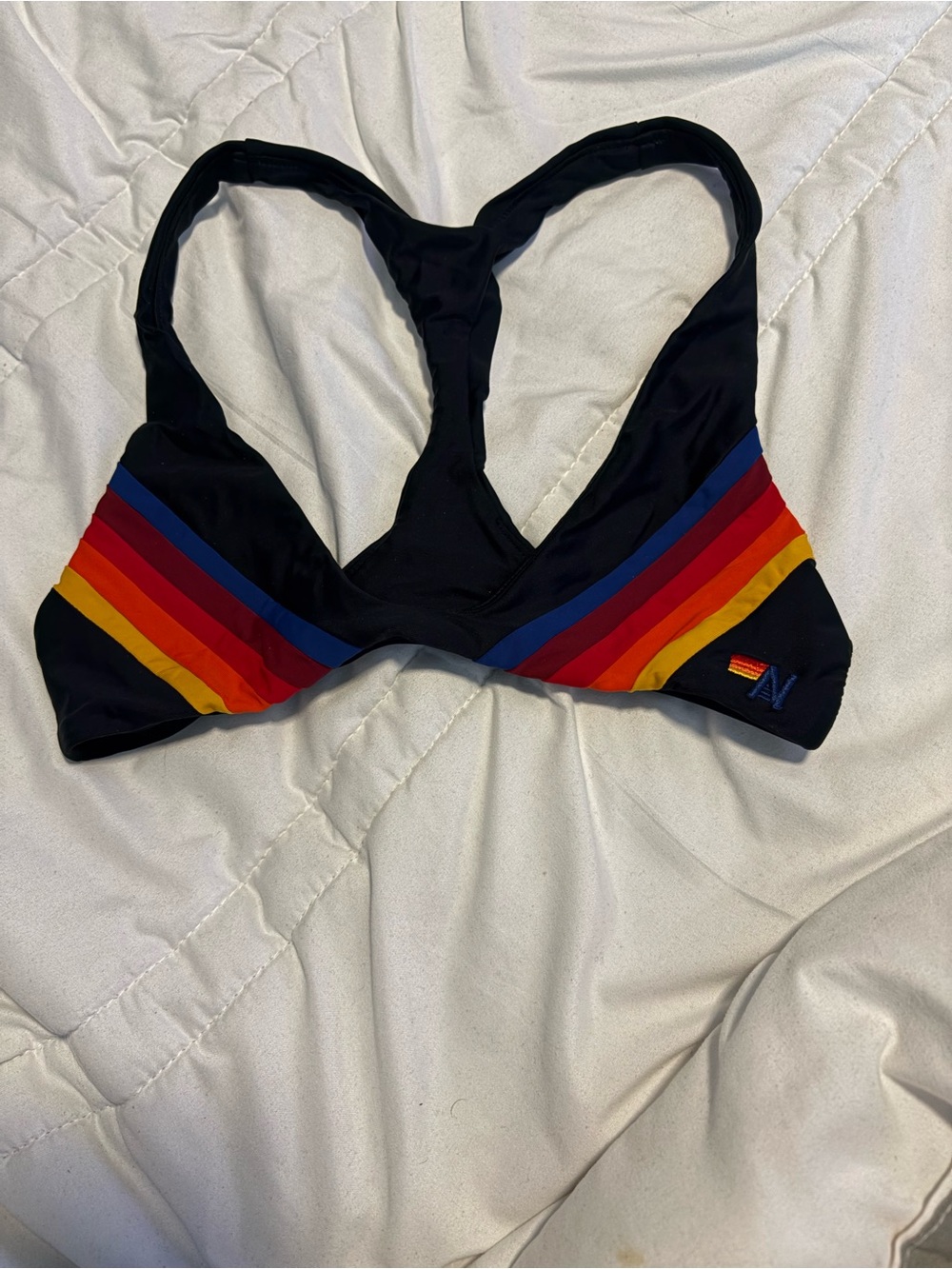 Girls Aviator Nation Black Swim top with Rainbow Stripe - Picture 2 of 4